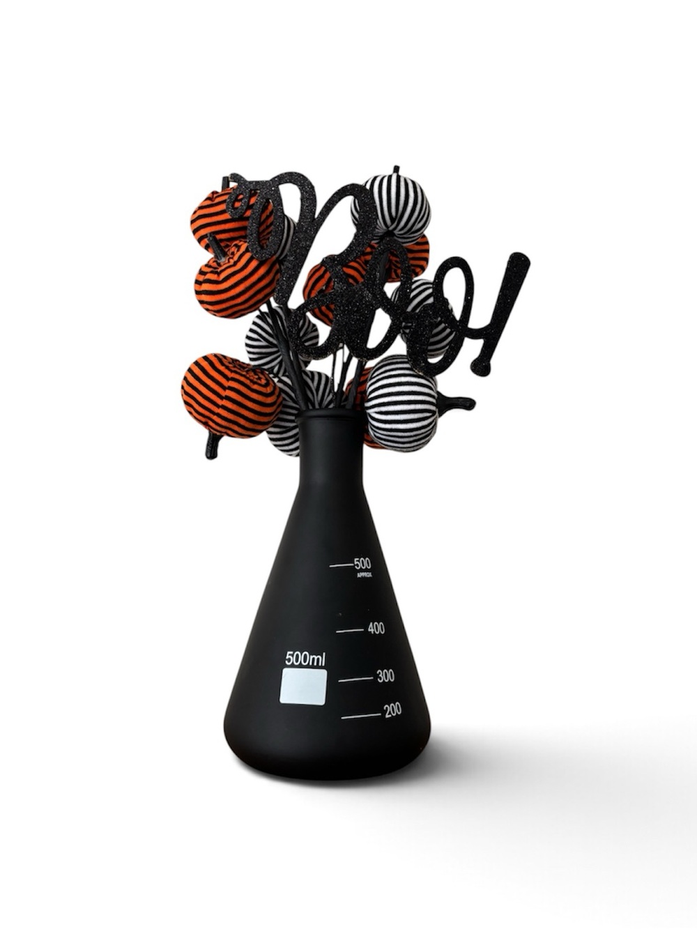 Fun Halloween Decorative Centerpiece Beaker Vase Orange, Black Stripe Pumpkins